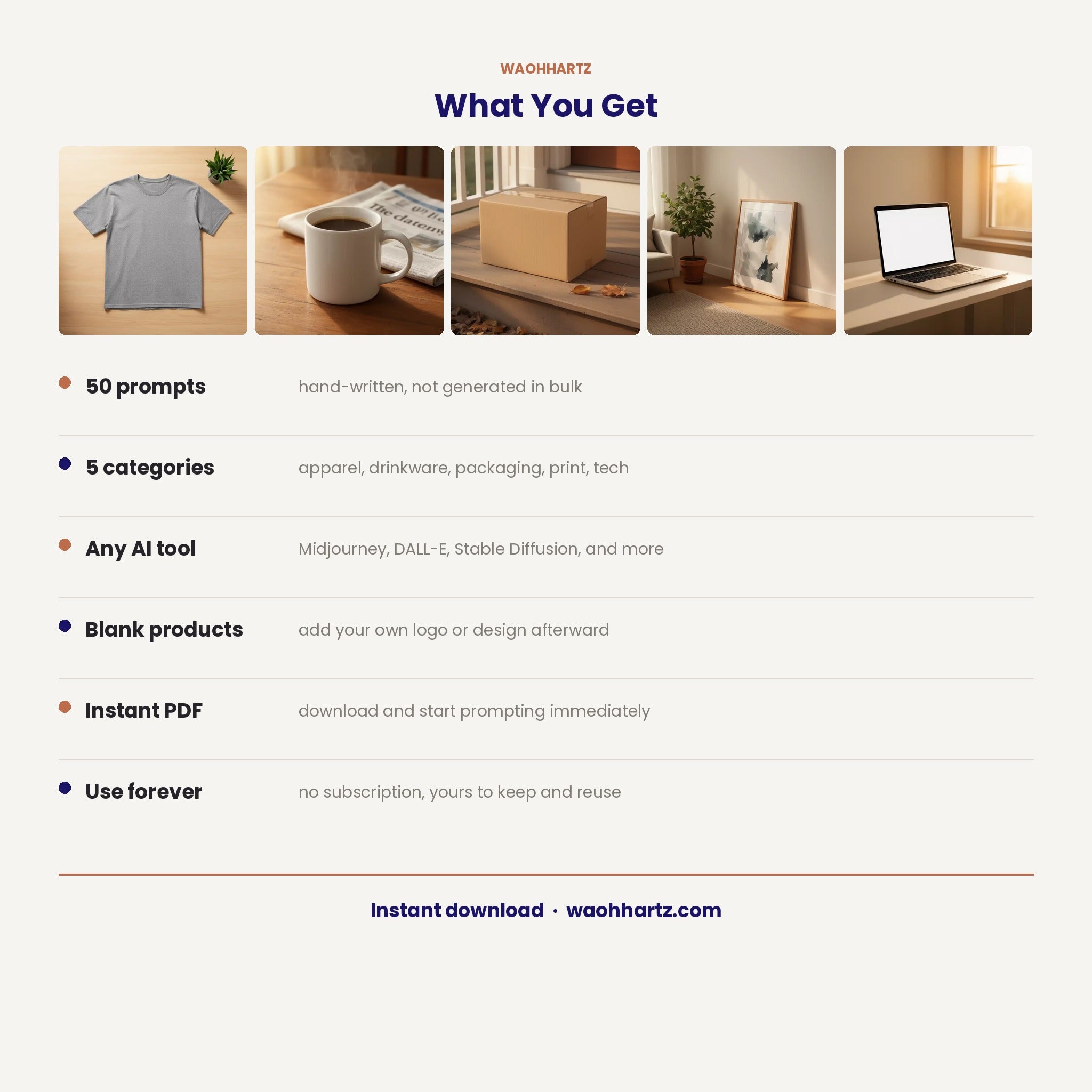 50 Product Mockup AI Art Prompts — Midjourney, DALL-E, Stable Diffusion — Instant Download PDF