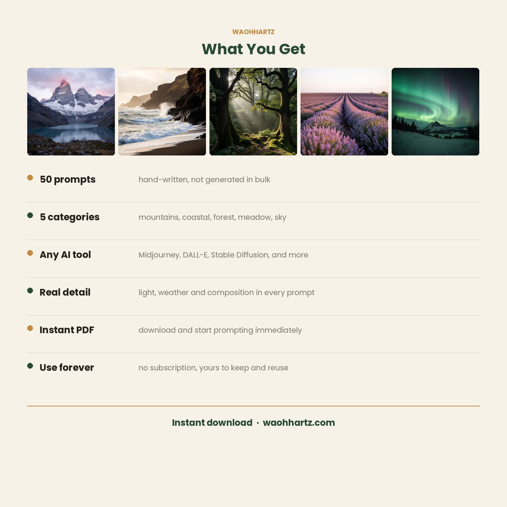50 Nature &amp; Landscape AI Art Prompts — Midjourney, DALL-E, Stable Diffusion — Instant Download PDF