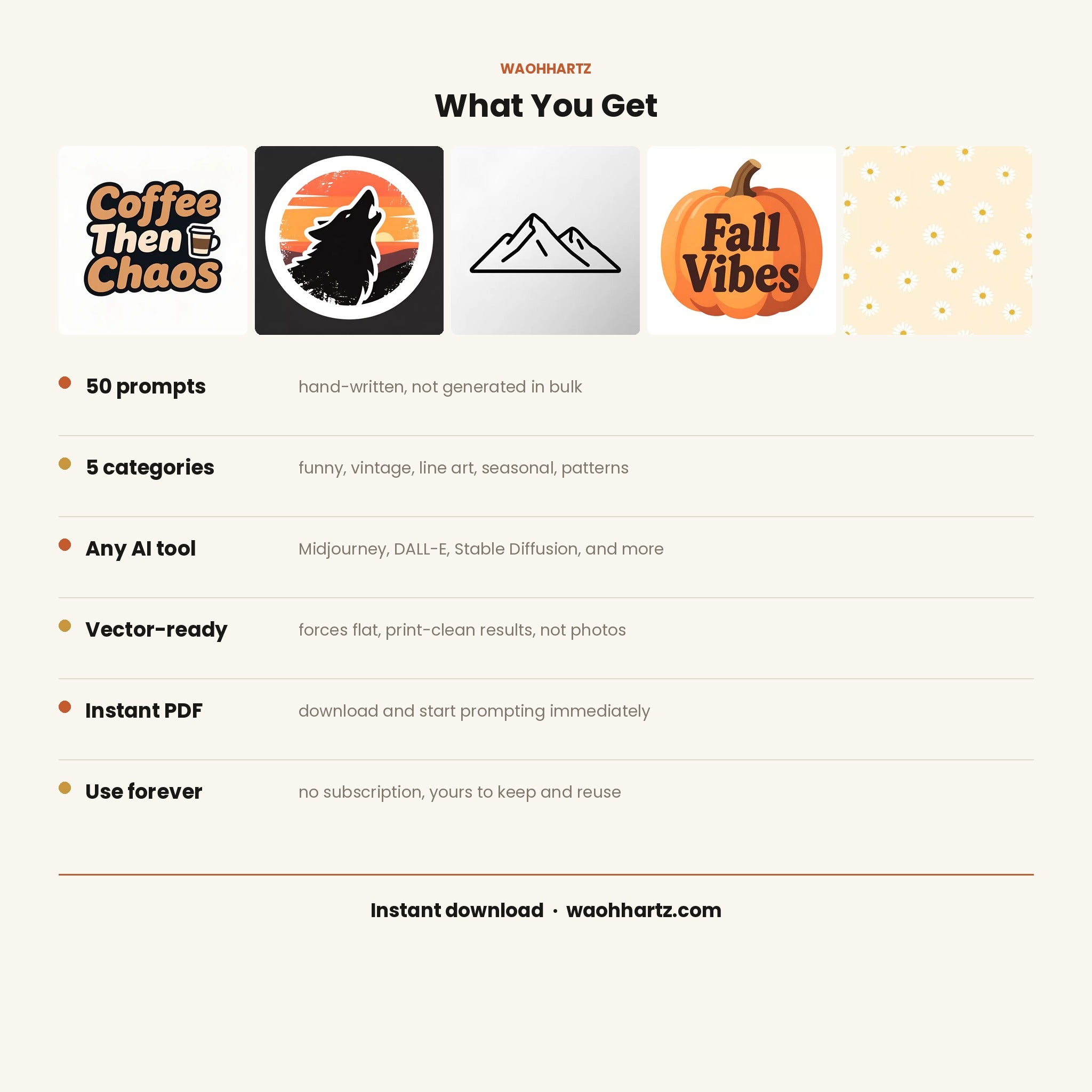 50 POD &amp; T-Shirt Design AI Prompts — Midjourney, DALL-E, Stable Diffusion — Instant Download PDF