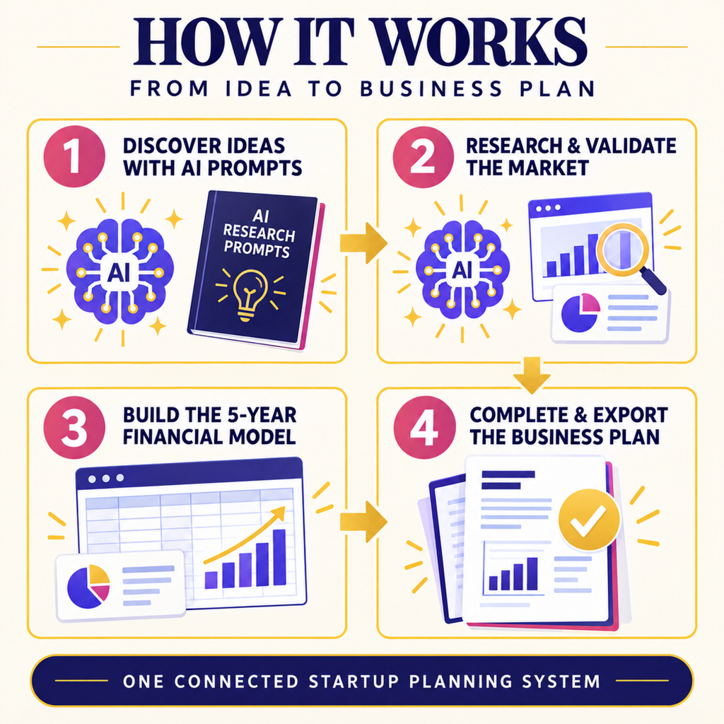Four-step startup planning workflow from AI idea discovery to completed business plan