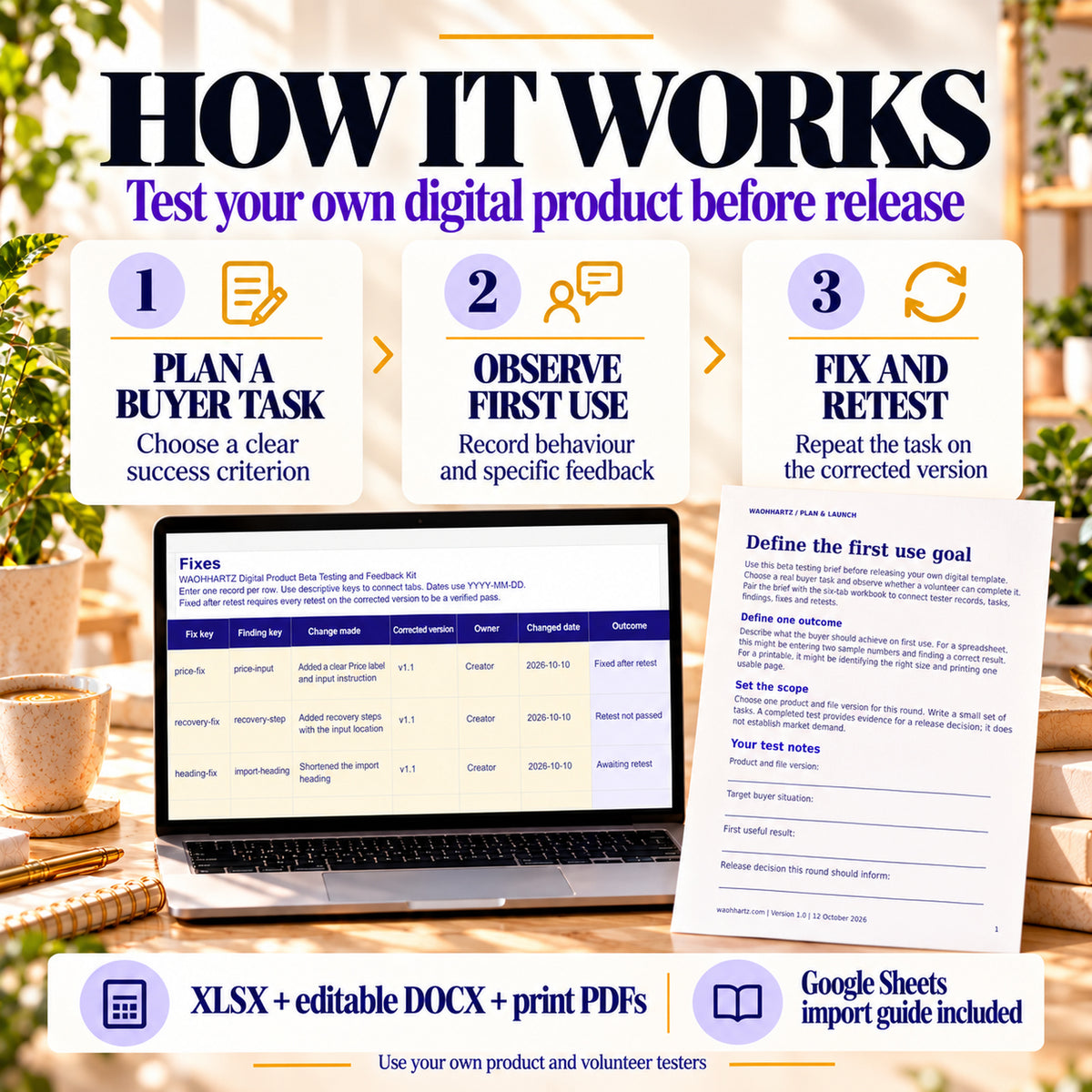 Plan a buyer task, observe first use, fix issues and retest the corrected digital product version