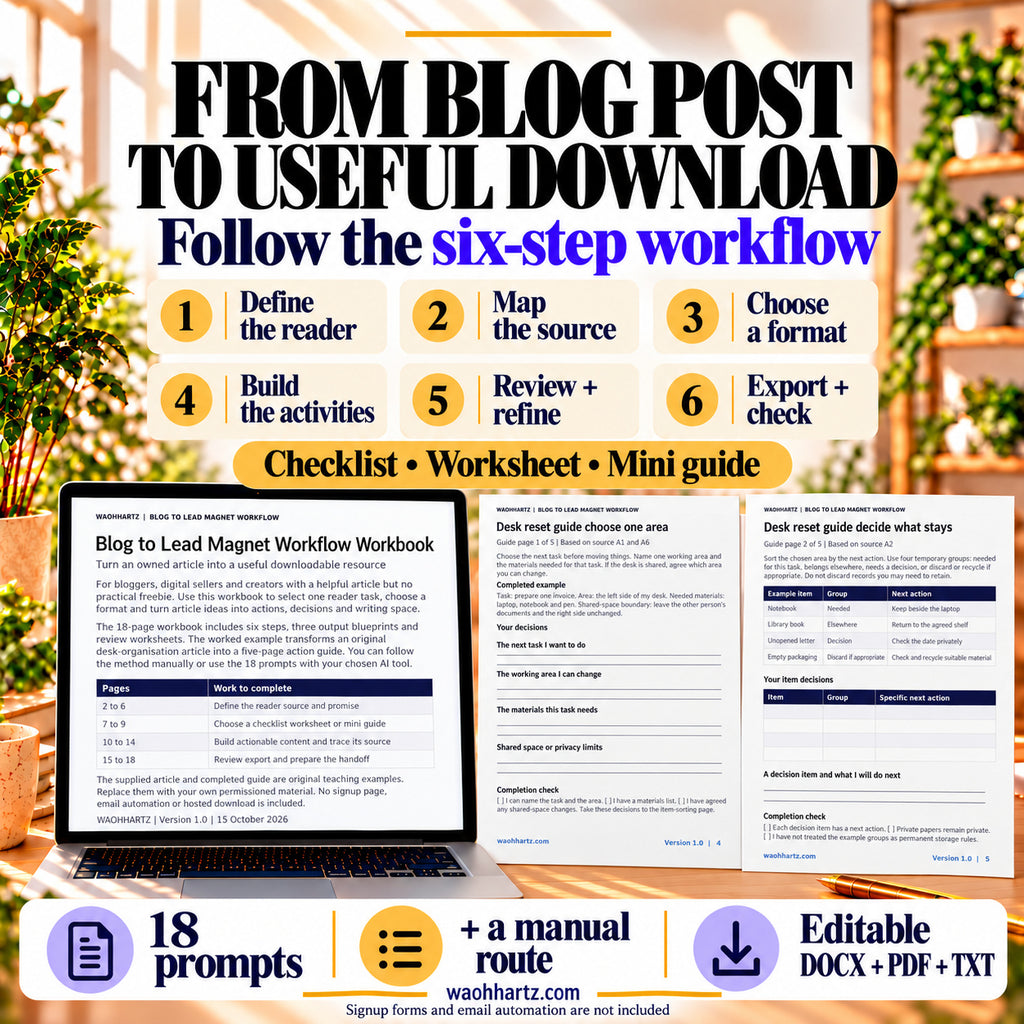 Six steps from defining the reader and mapping a source to building, reviewing and exporting a useful download, with guide previews.