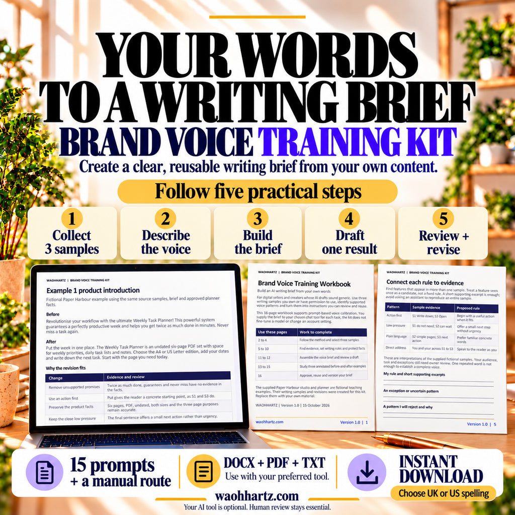 Five-step brand voice workflow: collect three samples, describe the voice, build a brief, draft and review, with actual workbook previews.