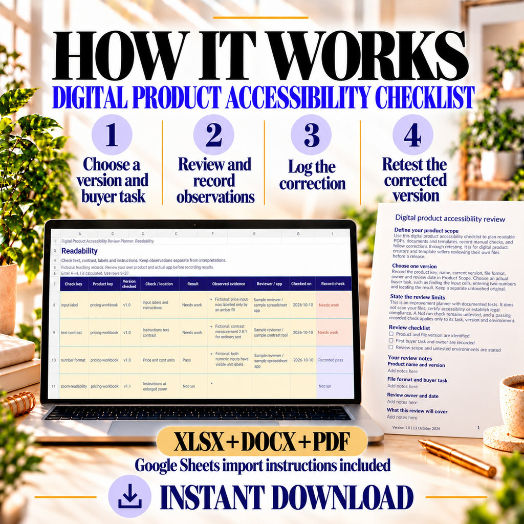 Choose a version and buyer task, review and record observations, log the correction, and retest the corrected version. Digital product accessibility checklist supplied as XLSX, DOCX and PDF with Google Sheets import instructions. Instant download.