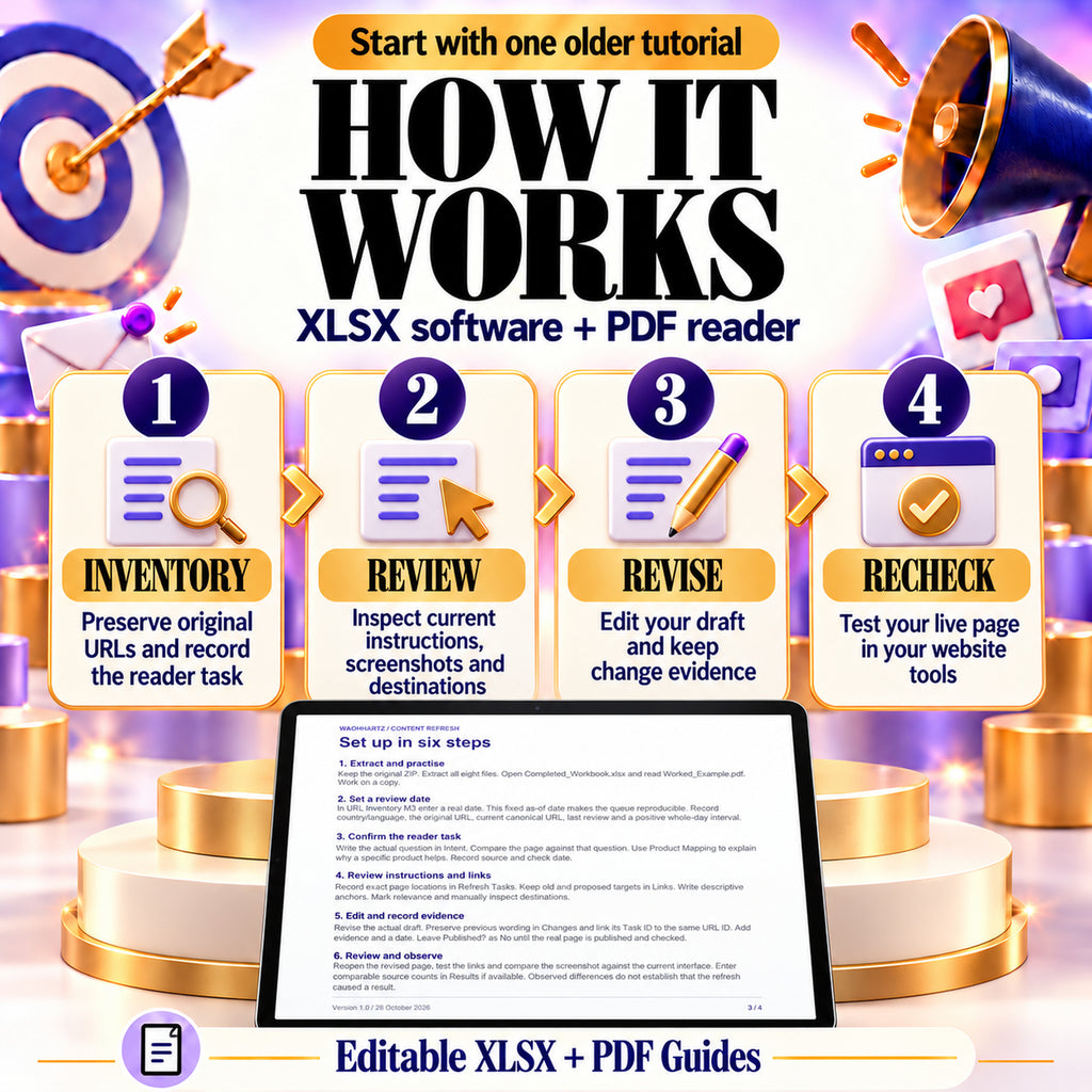 Manual workflow to inventory tutorials, review instructions and links, revise drafts and recheck live pages.