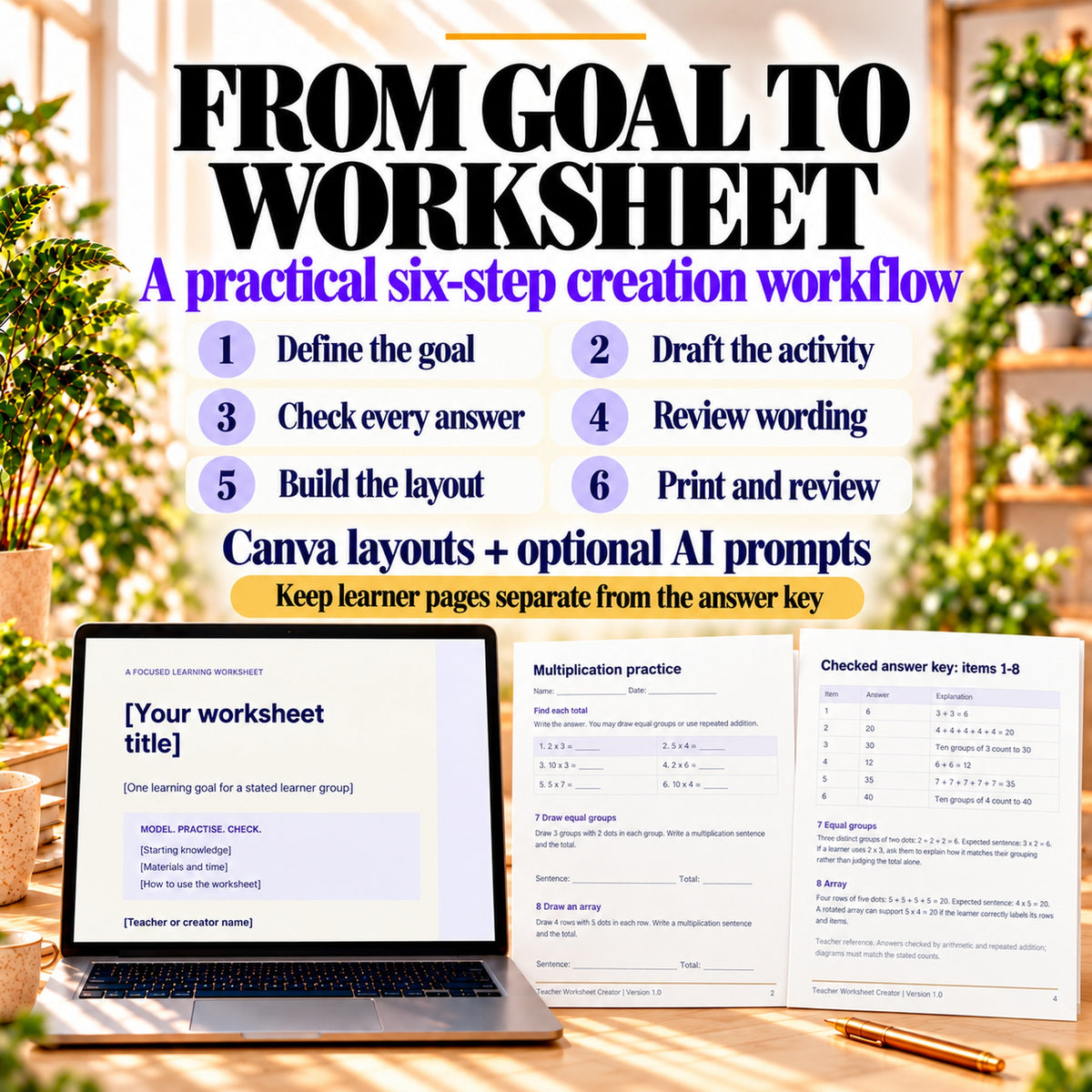 Six worksheet creation steps: define goal, draft activity, independently check answers, review wording, build layout, then print and review.