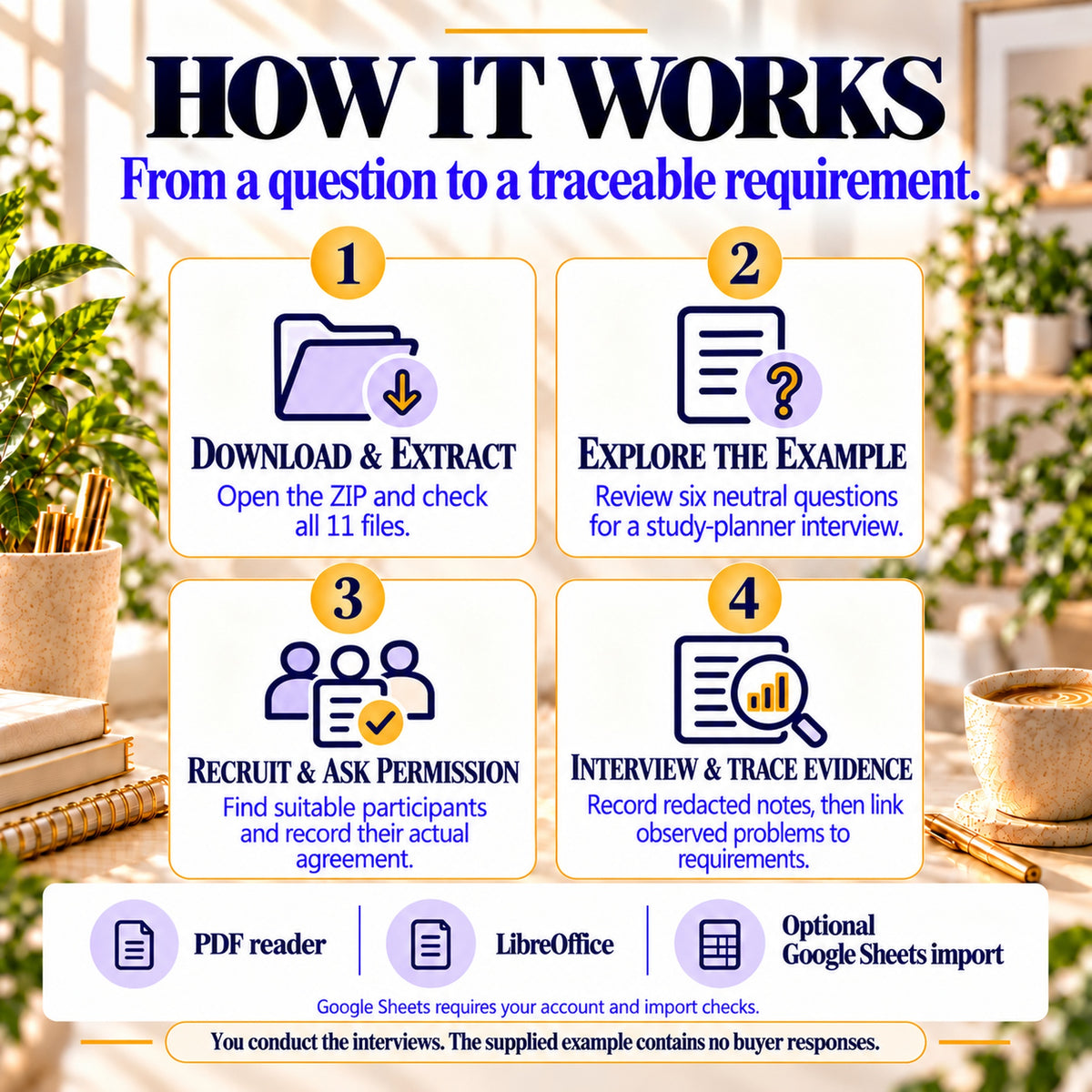 Download files, explore the planning example, obtain permission, interview buyers and trace evidence to requirements