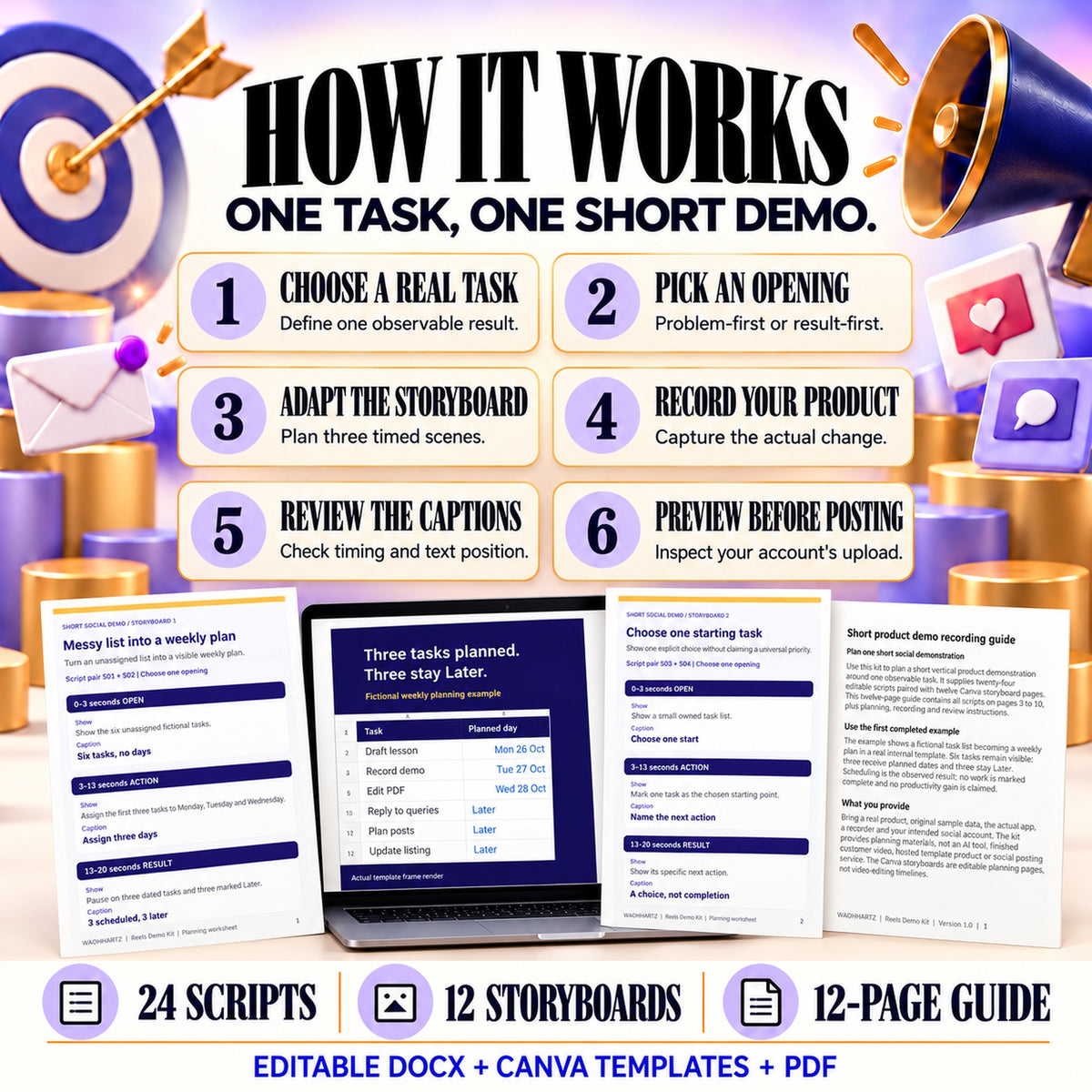 Six steps to choose a real task, pick an opening, adapt a storyboard, record the product, review captions and inspect the upload preview.