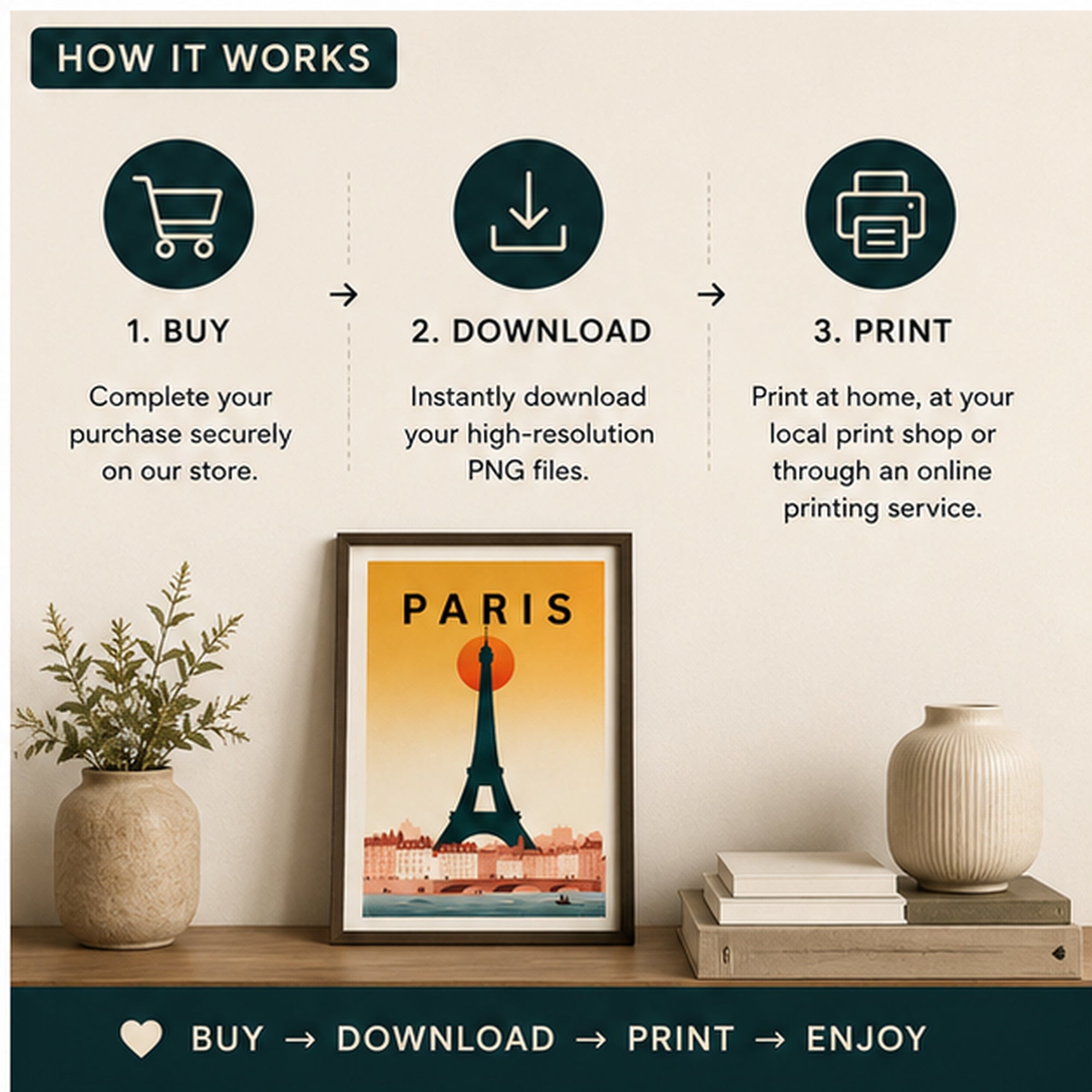 Vintage Travel Poster — Paris — Instant Download — Retro European Travel Print A3 16x24 — Living Room Wall Art