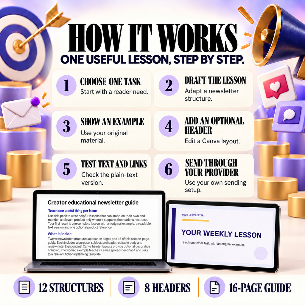Six steps to choose a reader task, draft a lesson, show an example, add an optional header, test text and links and send through your provider.