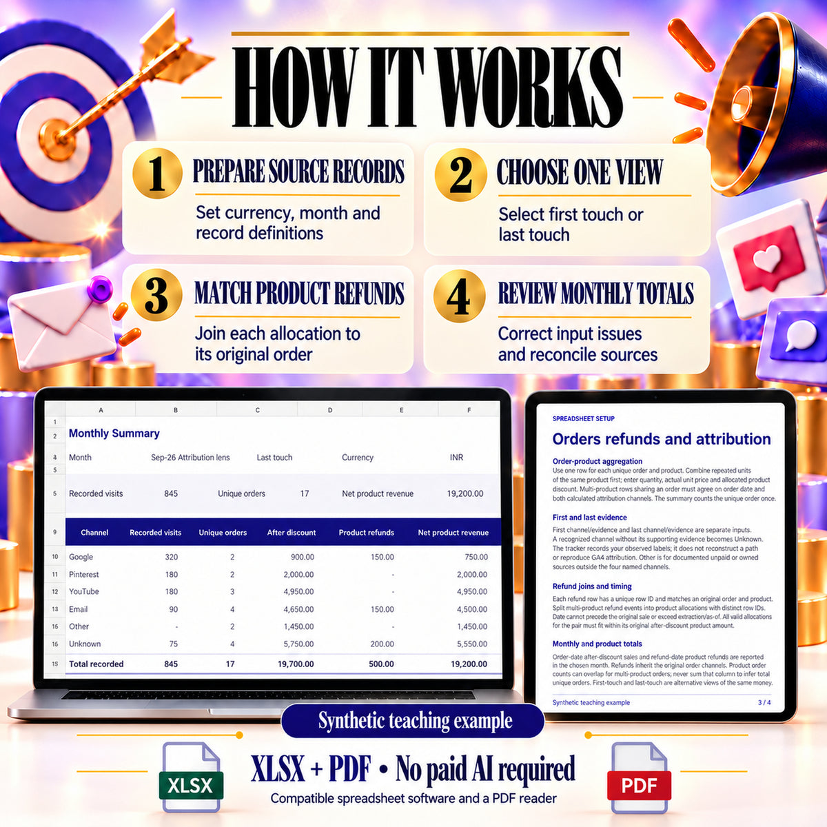 Four tracker steps: prepare source records, choose one attribution view, match product refunds and review monthly totals; editable XLSX and PDF guides.