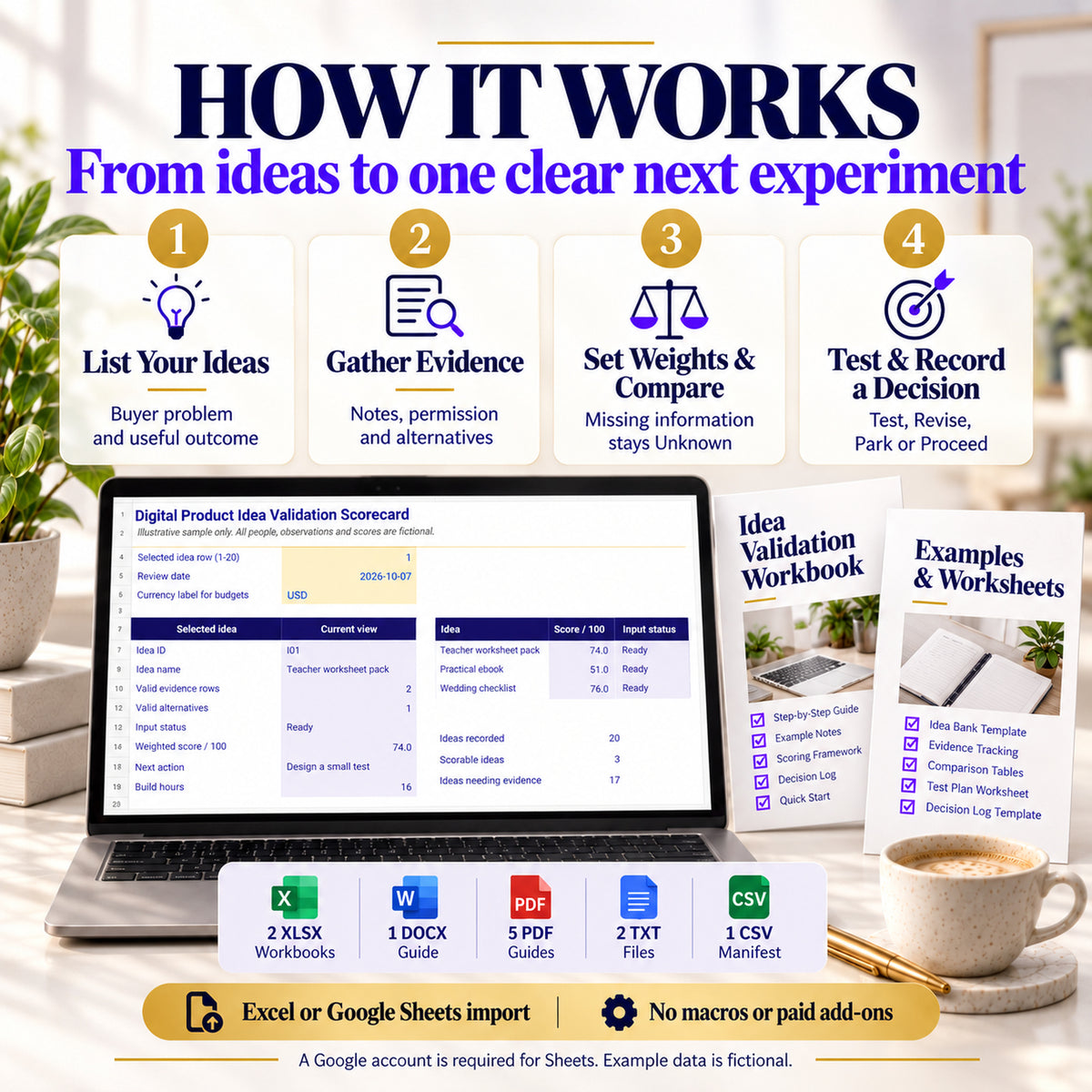 Four steps to compare ideas, record buyer evidence, rate with editable weights and plan a small test