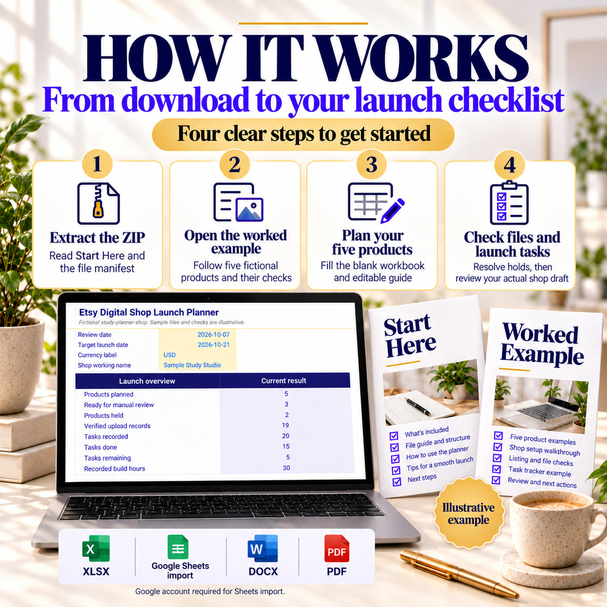 Four steps: extract the ZIP, follow the example, plan five products and check files and launch tasks.