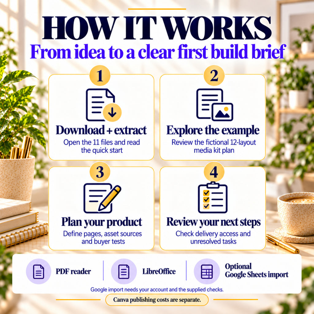 Four steps to use the kit: extract files, explore the example, plan your product and review next steps.