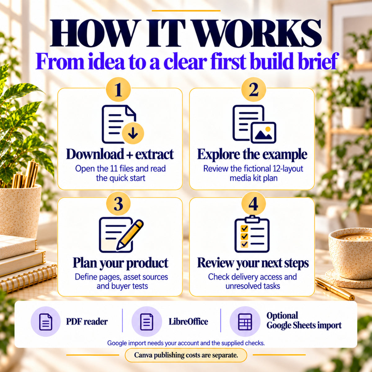 Four steps to use the kit: extract files, explore the example, plan your product and review next steps.