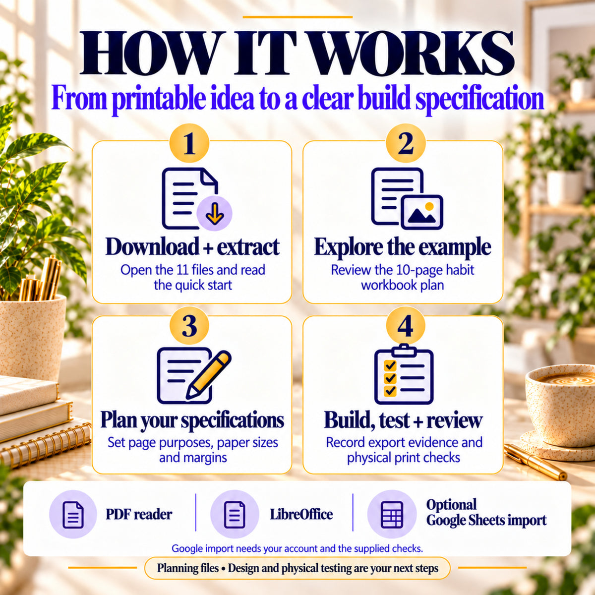 Four steps: extract files, explore the habit-workbook example plan, specify pages and sizes, then build and record print and export checks.