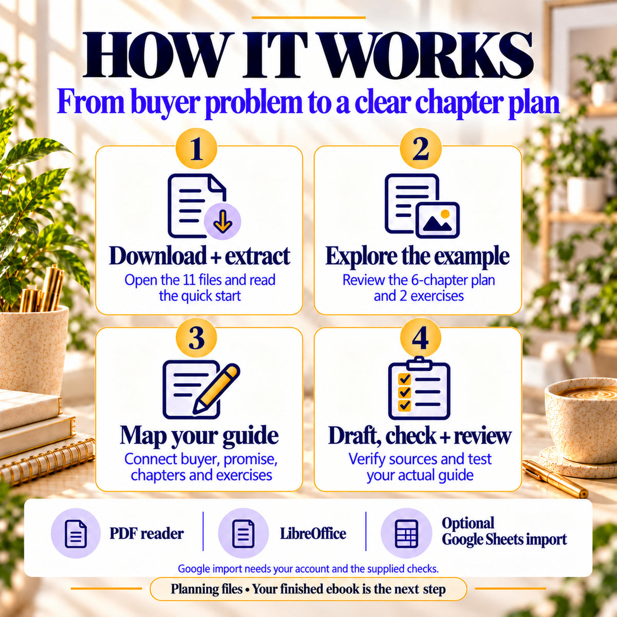 Four steps to plan an ebook: extract files, explore the example, map the guide, then draft, check and review.