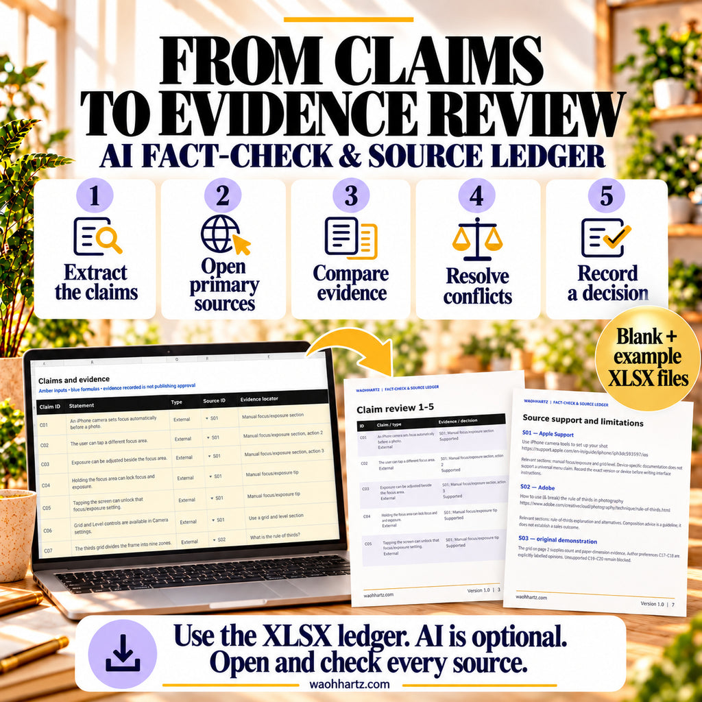 Five evidence-review steps: extract claims, open primary sources, compare evidence, resolve conflicts and record a decision. Blank and example XLSX files support a manual source check.