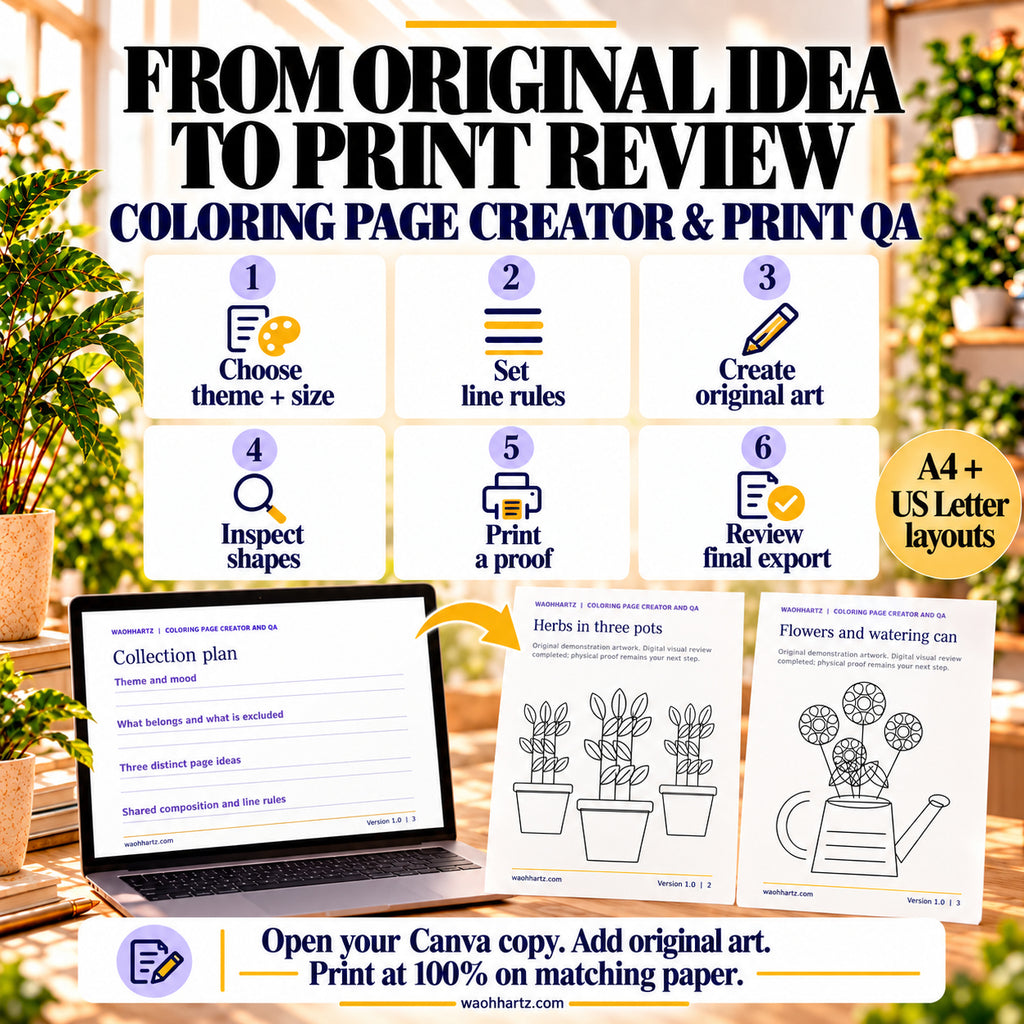 Six coloring-page steps: choose theme and size, set line rules, create original art, inspect shapes, print a proof and review the export. Open a Canva copy and print on matching A4 or Letter paper.