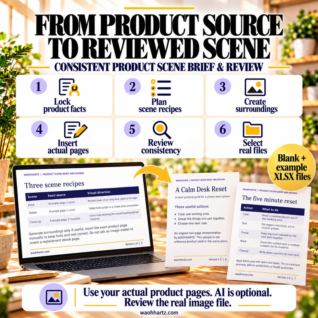 Six scene-review steps: lock product facts, plan recipes, create surroundings, insert actual pages, review consistency and select real files. Actual product pages remain the source for review.