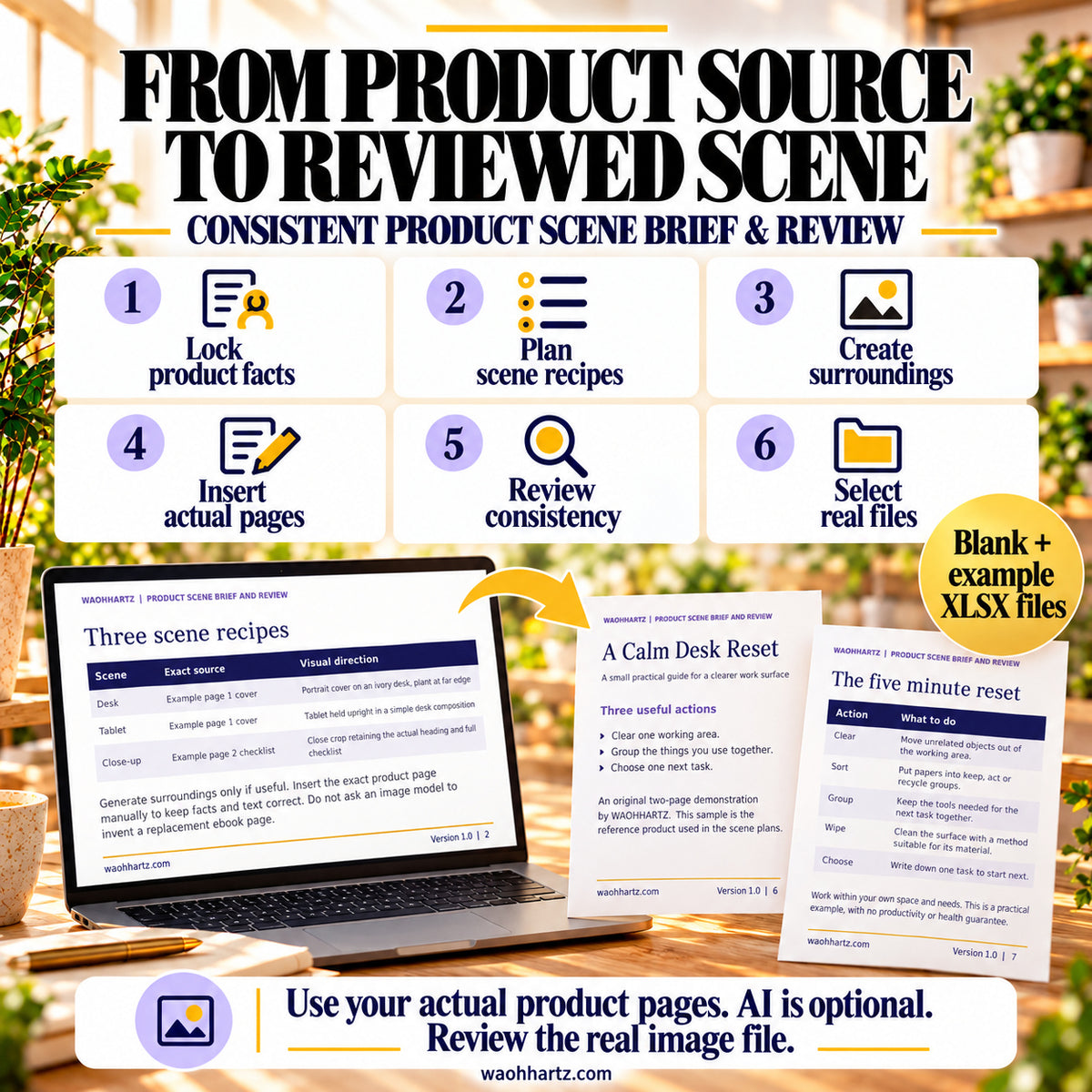 Six scene-review steps: lock product facts, plan recipes, create surroundings, insert actual pages, review consistency and select real files. Actual product pages remain the source for review.