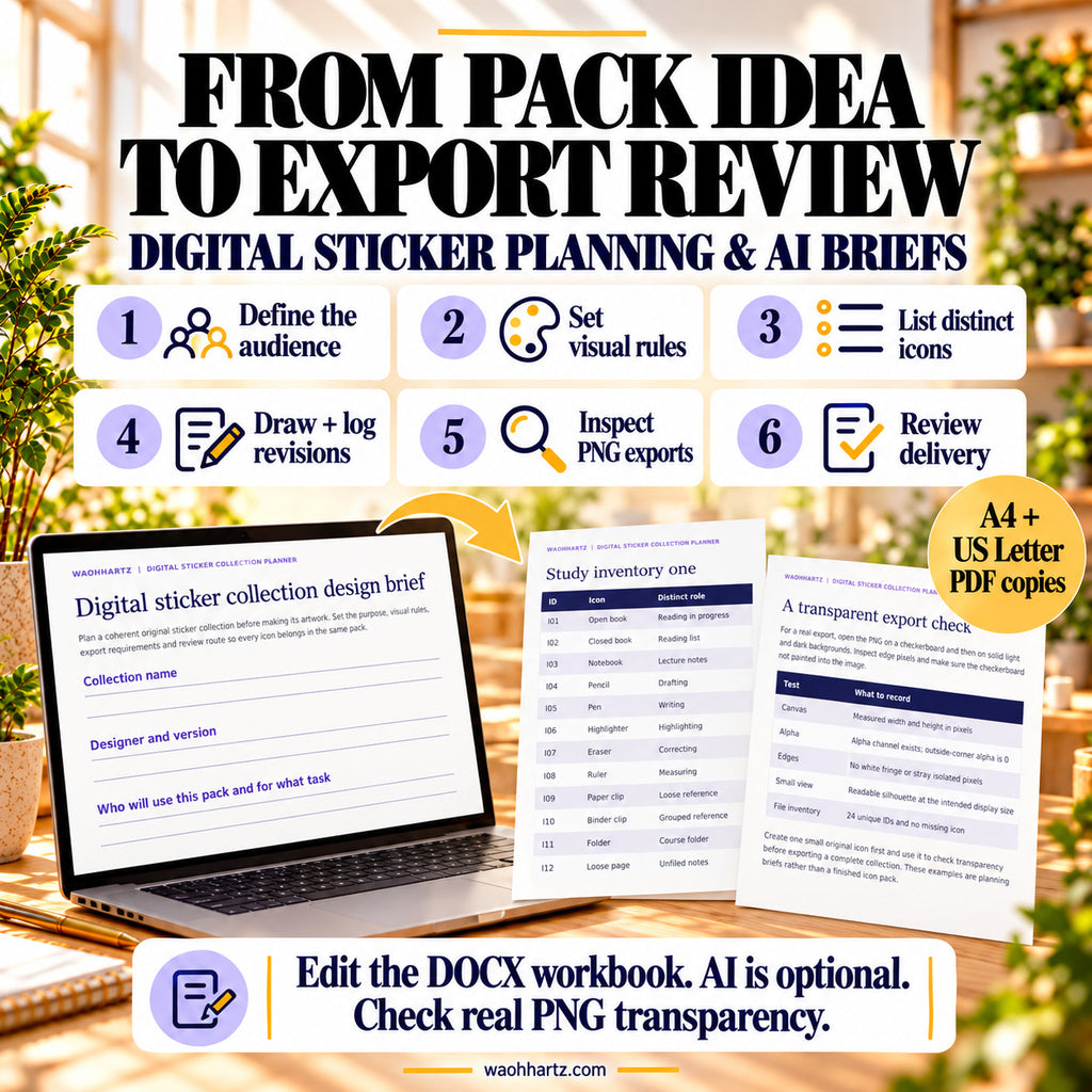 Six sticker workflow steps: define audience, set visual rules, list distinct icons, draw and log revisions, inspect PNG exports and review delivery. Edit the DOCX and check genuine PNG transparency.