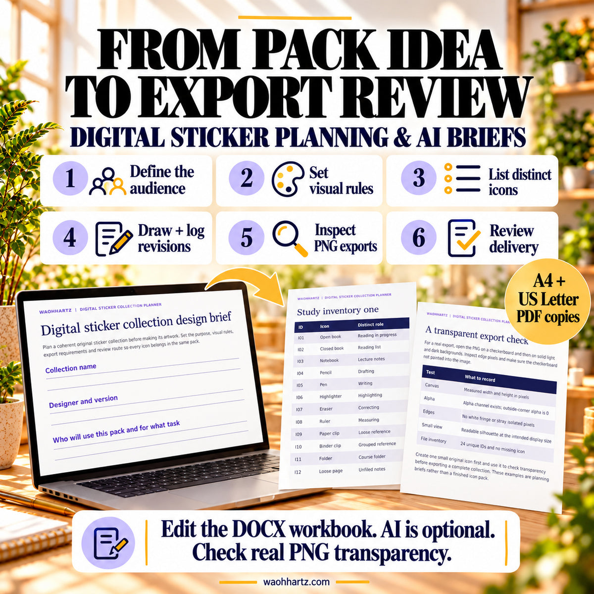 Six sticker workflow steps: define audience, set visual rules, list distinct icons, draw and log revisions, inspect PNG exports and review delivery. Edit the DOCX and check genuine PNG transparency.