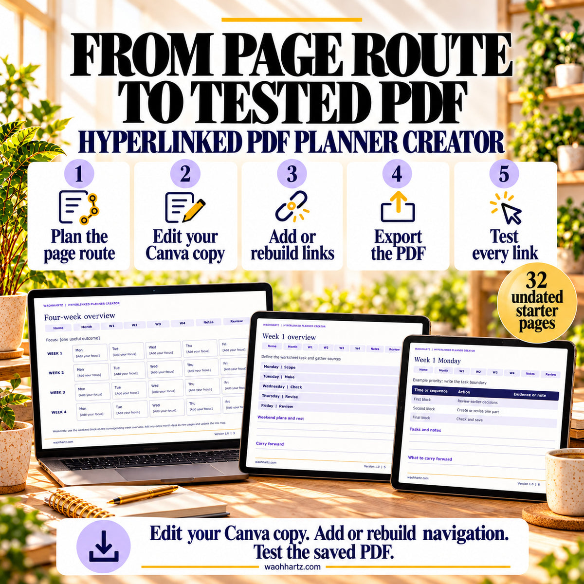 Five planner-authoring steps: plan the page route, edit a Canva copy, add or rebuild links, export the PDF and test every link. The starter contains 32 undated pages.