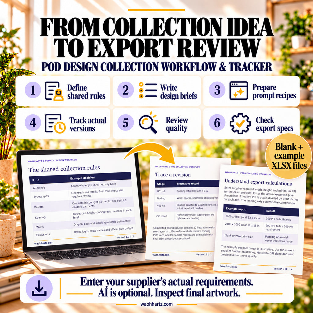 Six POD workflow steps: define shared rules, write briefs, prepare prompt recipes, track actual versions, review quality and check export specs. Use actual supplier requirements and final artwork.