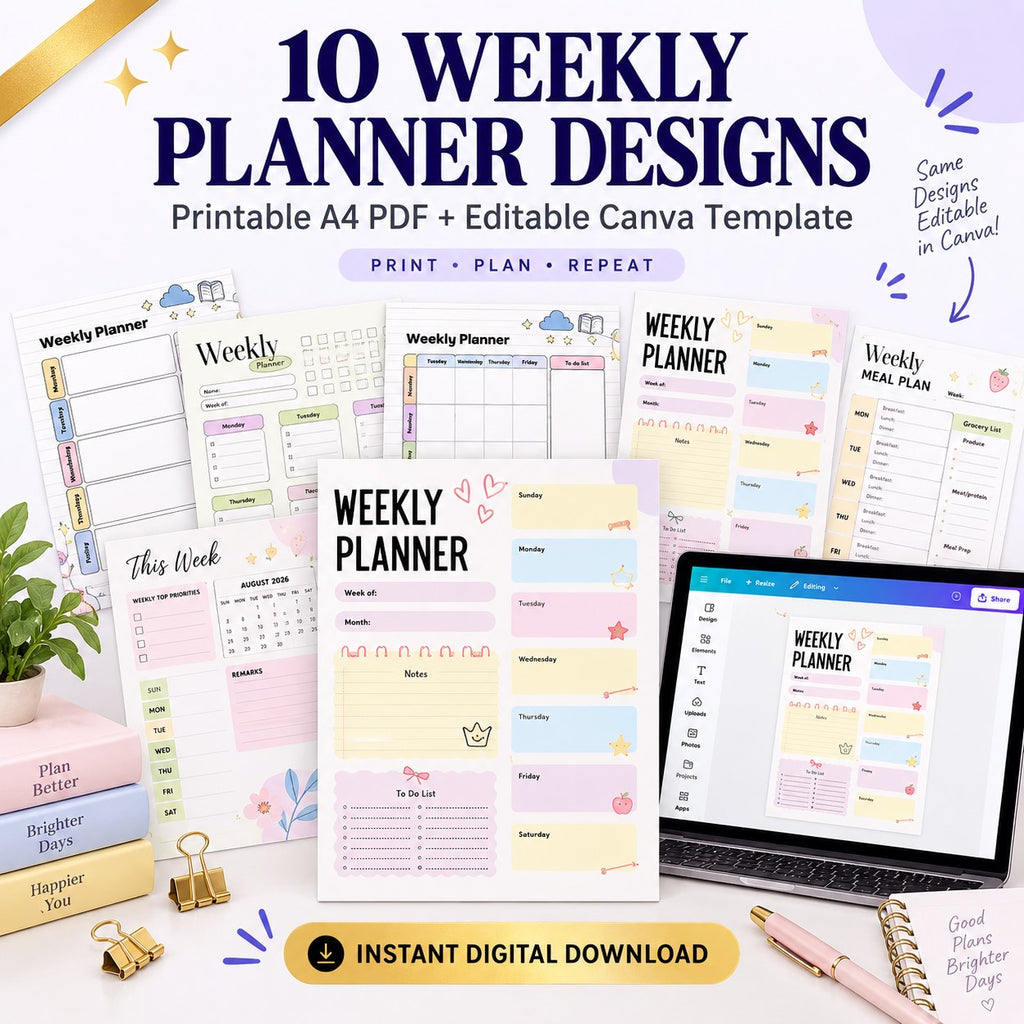10 Weekly Planner Printable Bundle | Colorful A4 Weekly Planner Pages + Editable Canva Template | Undated Weekly Organizer)