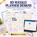 10 Weekly Planner Printable Bundle | Colorful A4 Weekly Planner Pages + Editable Canva Template | Undated Weekly Organizer)