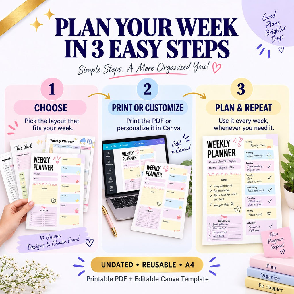10 Weekly Planner Printable Bundle | Colorful A4 Weekly Planner Pages + Editable Canva Template | Undated Weekly Organizer)