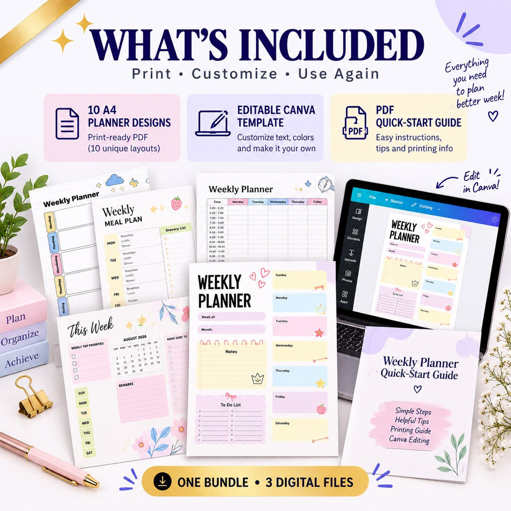 10 Weekly Planner Printable Bundle | Colorful A4 Weekly Planner Pages + Editable Canva Template | Undated Weekly Organizer)