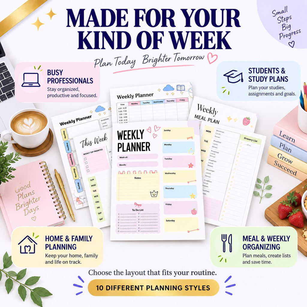 10 Weekly Planner Printable Bundle | Colorful A4 Weekly Planner Pages + Editable Canva Template | Undated Weekly Organizer)