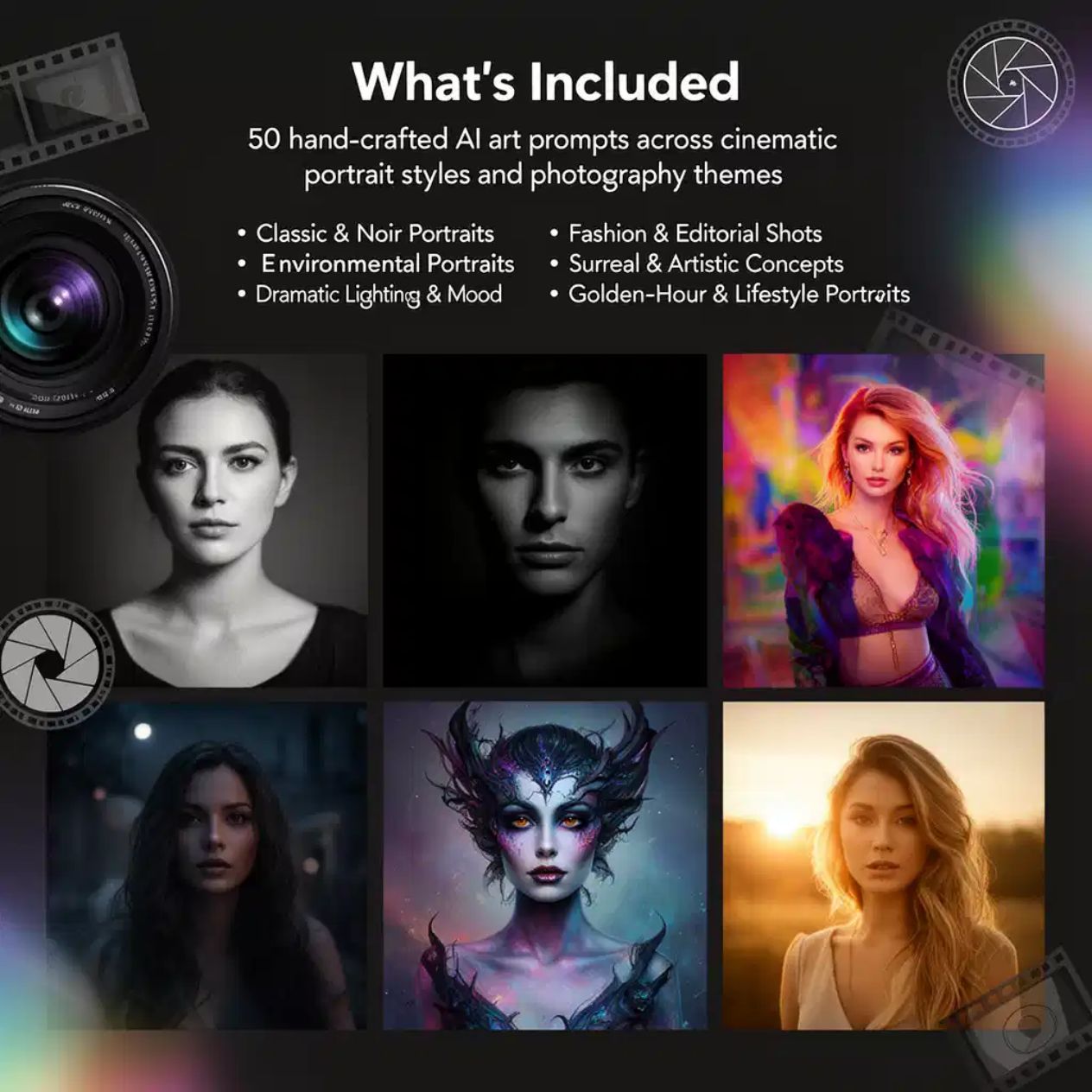 50 Cinematic Portrait & Photography AI Art Prompts — Midjourney, DALL-E, Stable Diffusion — Instant Download PDF