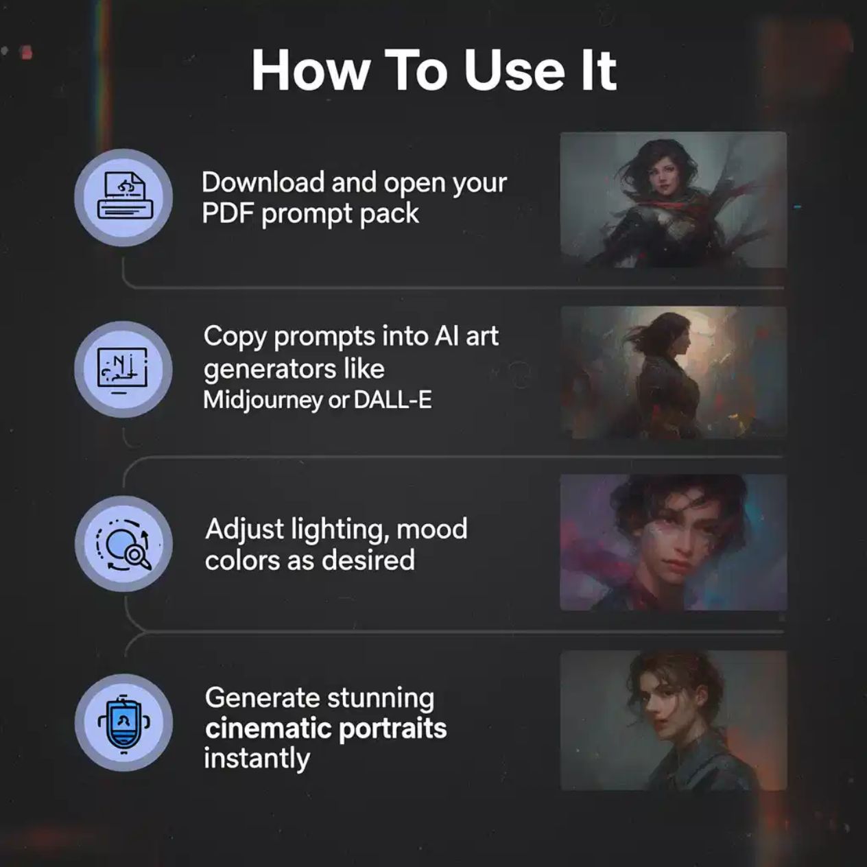 50 Cinematic Portrait & Photography AI Art Prompts — Midjourney, DALL-E, Stable Diffusion — Instant Download PDF