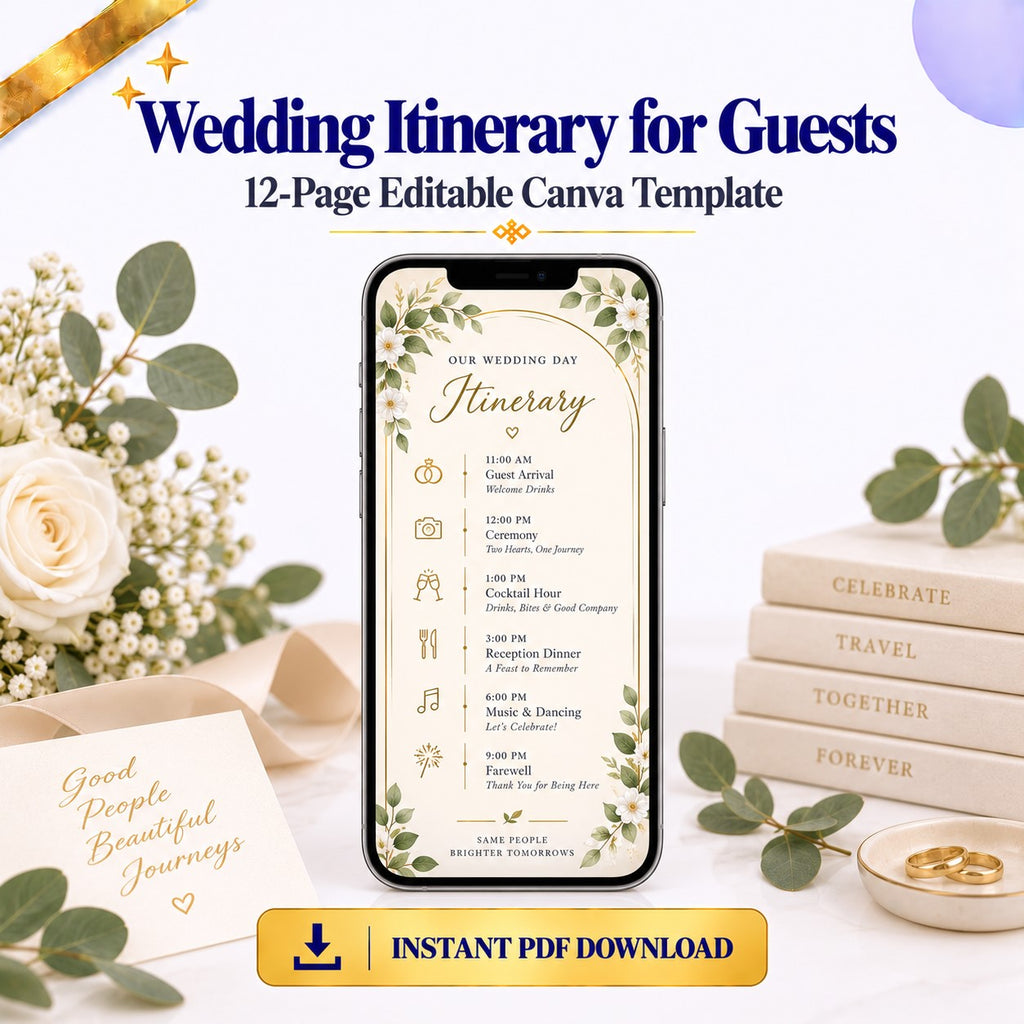 Wedding Itinerary for Guests – 12-Page Editable Canva Template