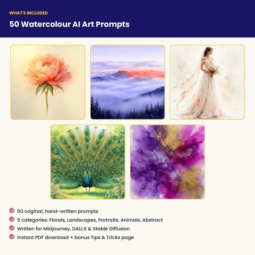 50 Watercolour Style AI Art Prompts — Midjourney, DALL-E, Stable Diffusion — Instant Download PDF