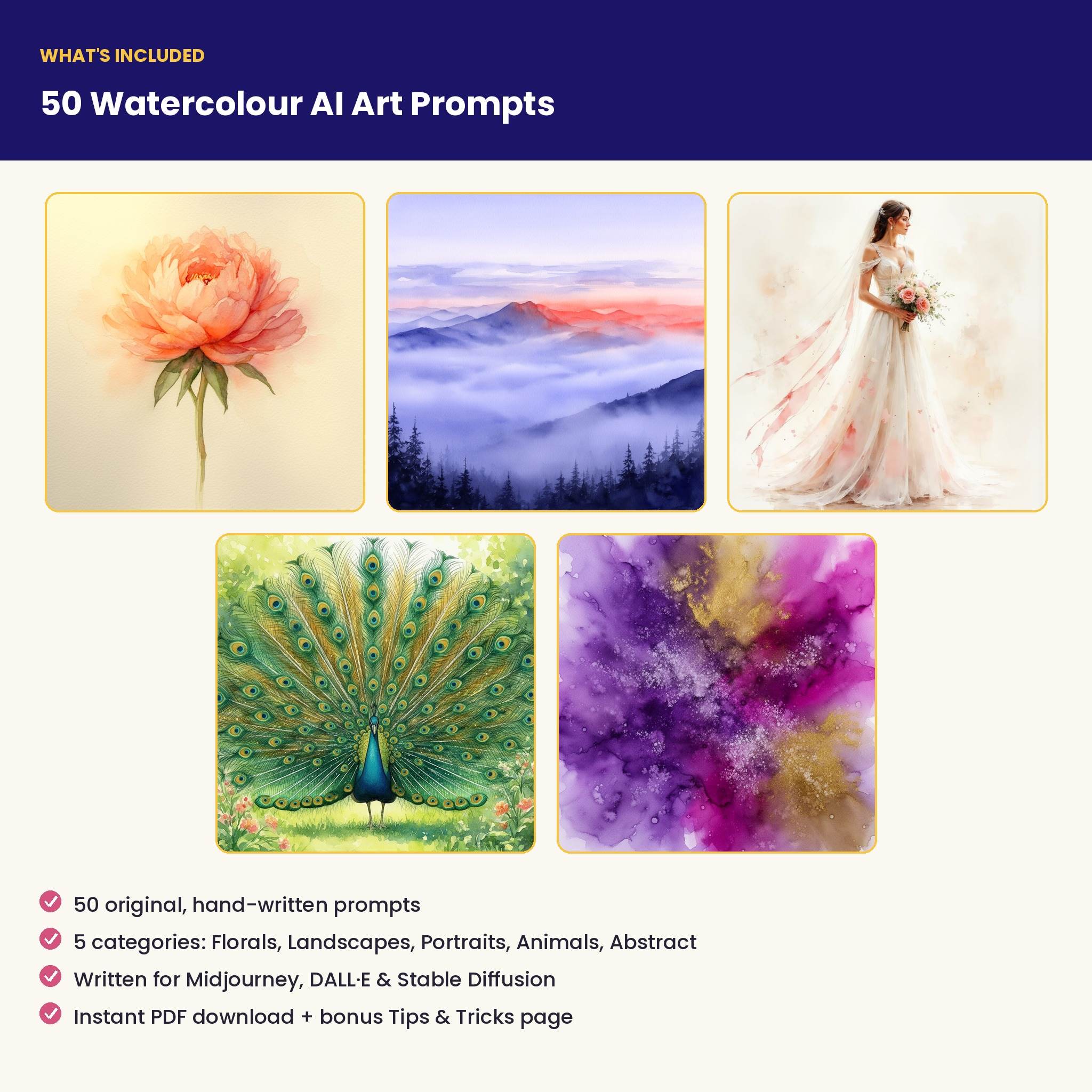 50 Watercolour Style AI Art Prompts — Midjourney, DALL-E, Stable Diffusion — Instant Download PDF