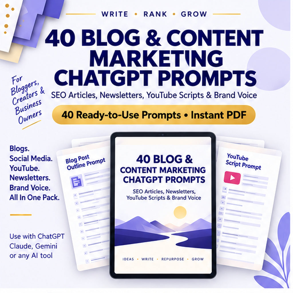 40 blog and content marketing AI prompts PDF for SEO articles, YouTube scripts, repurposing and brand voice
