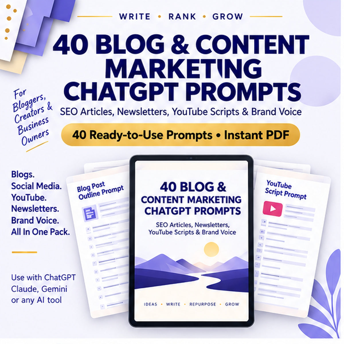 40 blog and content marketing AI prompts PDF for SEO articles, YouTube scripts, repurposing and brand voice