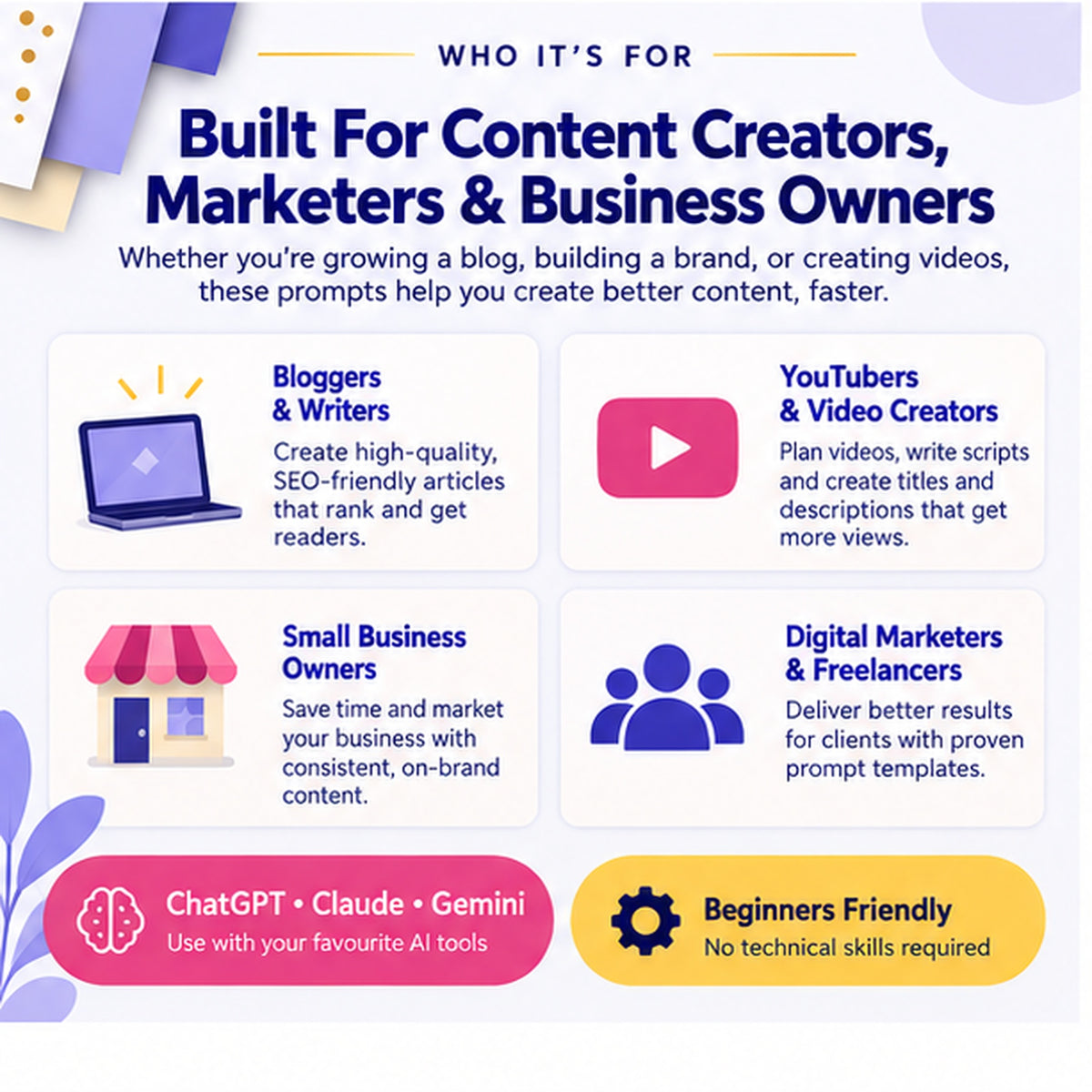 AI content marketing prompt pack for bloggers, YouTubers, small businesses, marketers and freelancers