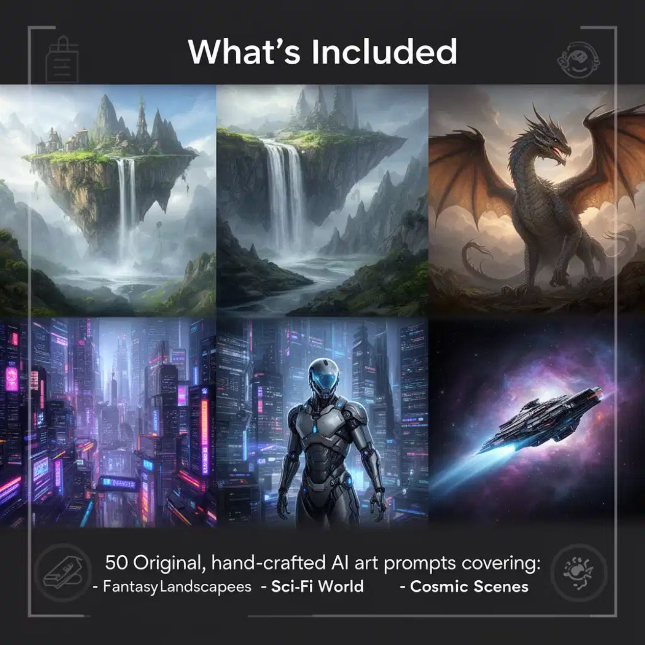50 Fantasy & Sci-Fi AI Art Prompts — Midjourney, DALL-E, Stable Diffusion — Instant Download PDF