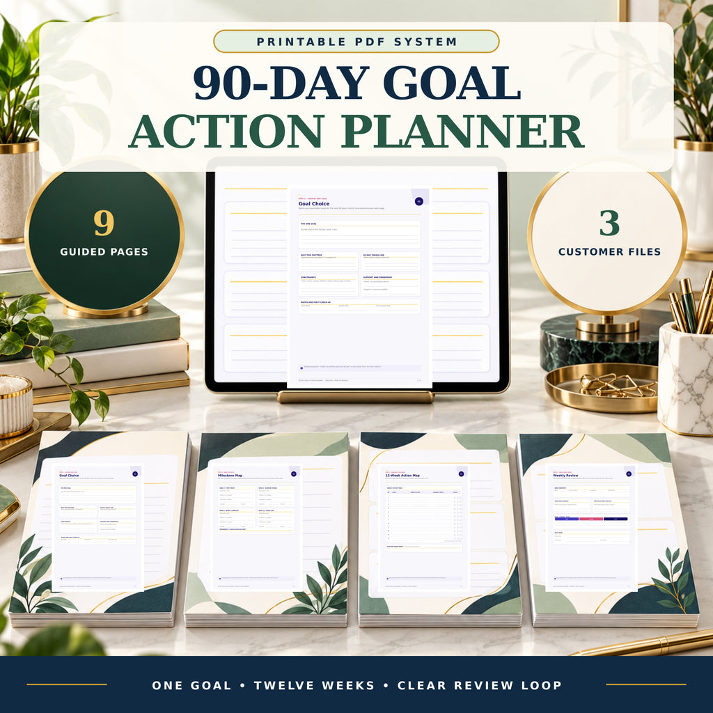 90-day goal action planner printable PDF with nine guided pages, three customer files and light green planner mockups