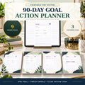 90-day goal action planner printable PDF with nine guided pages, three customer files and light green planner mockups