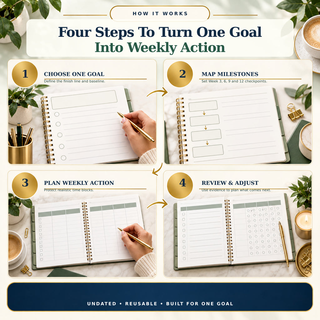 How the 90-day goal action planner works: choose one goal, map milestones, plan weekly actions and review