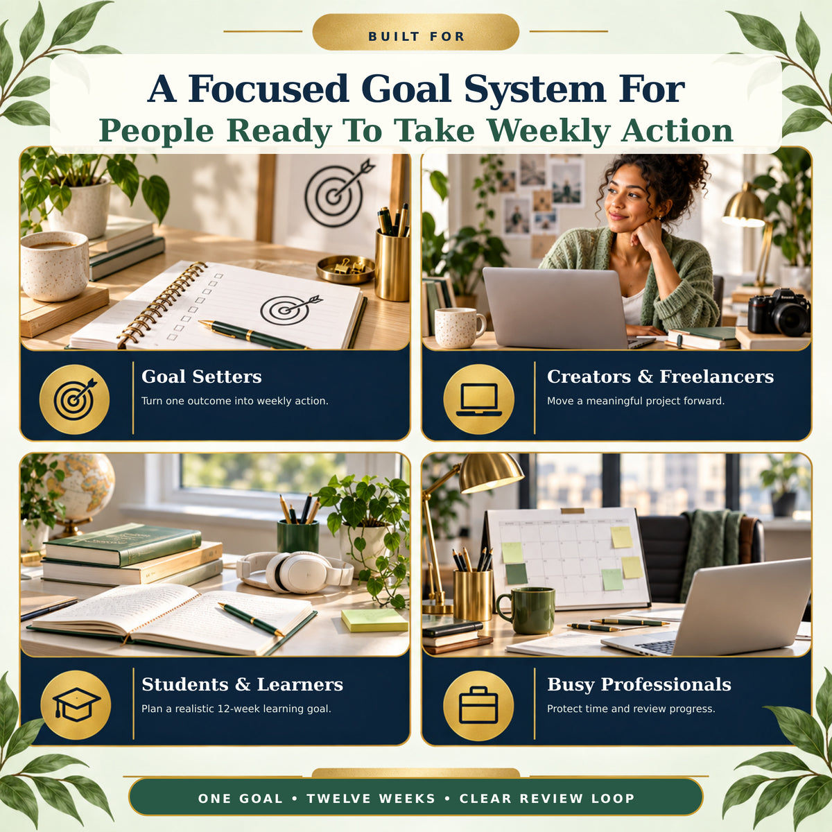 Who the 90-day goal action planner is for: goal setters, creators, students and busy professionals