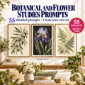 AI Botanical Wall Art Prompts hero image showing botanical and flower study examples for personalized living room art