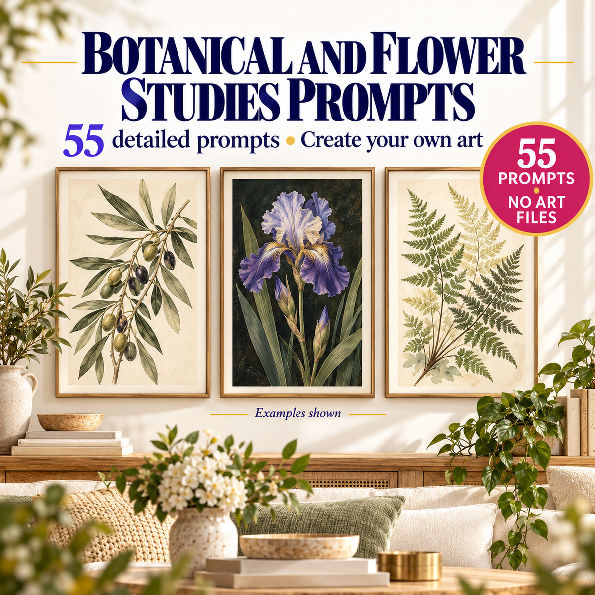 AI Botanical Wall Art Prompts hero image showing botanical and flower study examples for personalized living room art