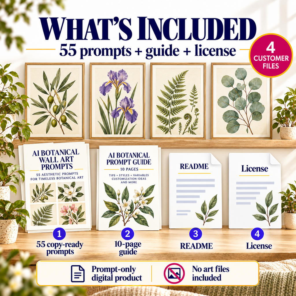 What is included in AI Botanical Wall Art Prompts download with 55-prompt book, 10-page guide, README and license